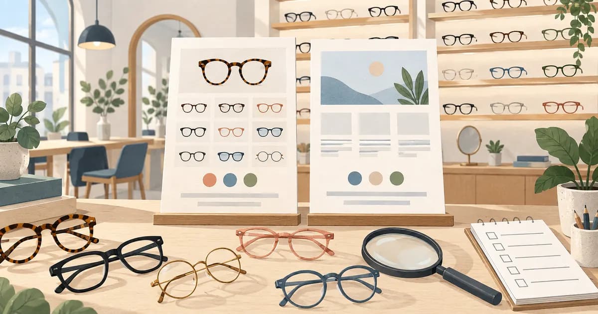Editorial illustration for Optics vs a free Shopify theme: a frame-catalog evaluation
