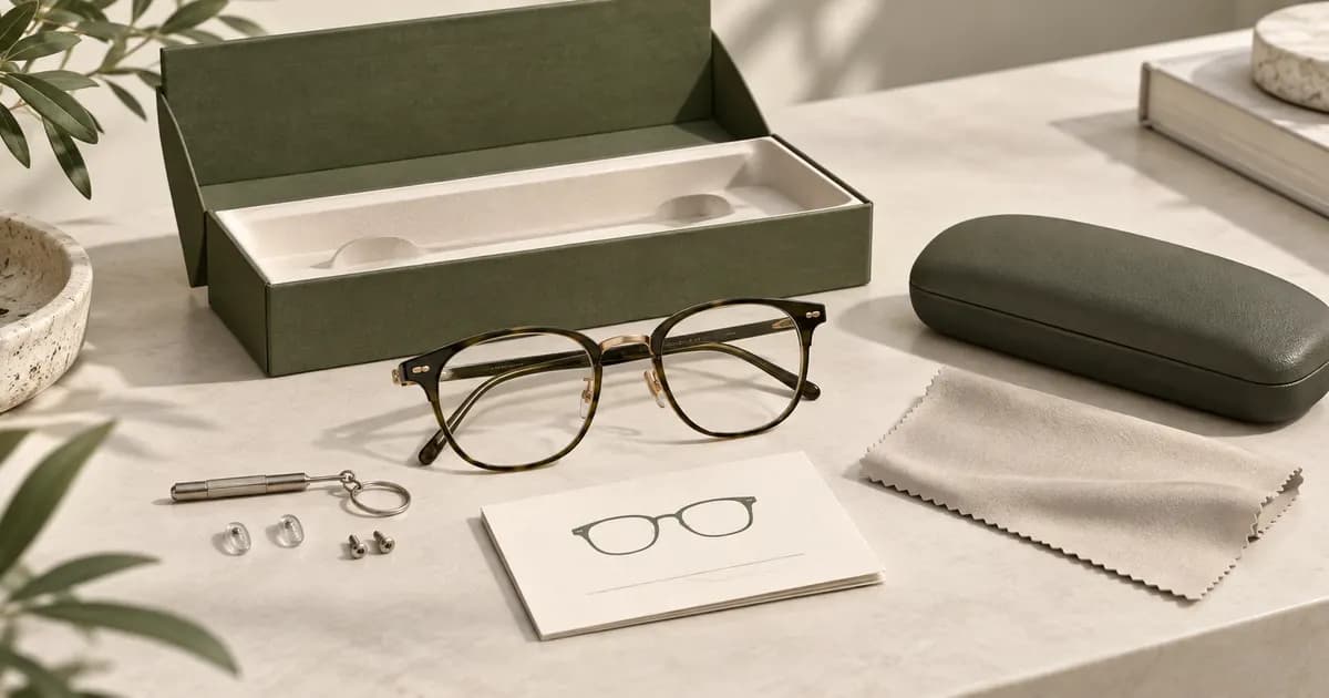 Editorial illustration for Showing what is included with a eyewear product