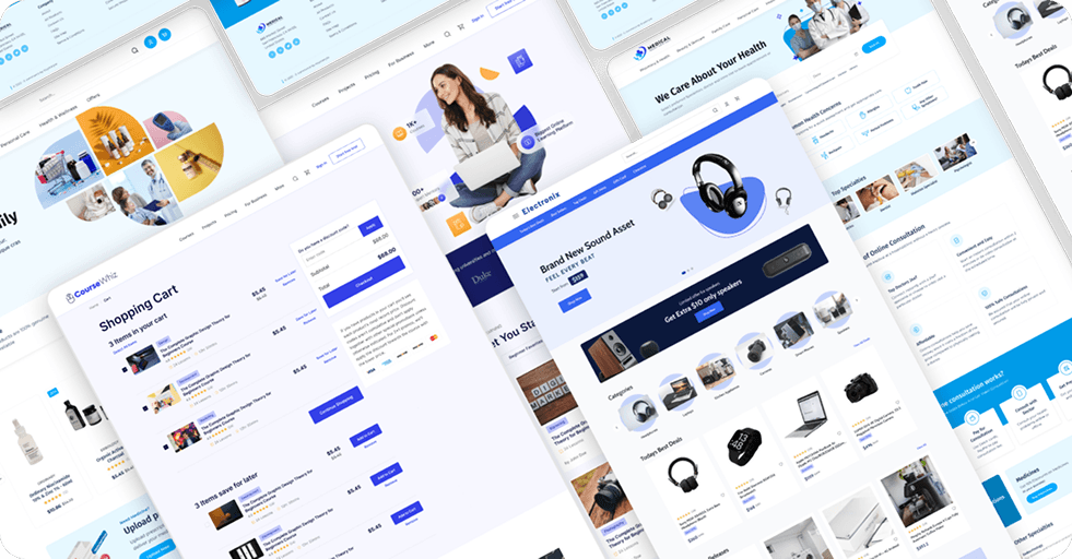 Collage of unique page layouts from the Figma kit