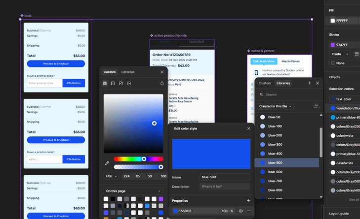 Figma workspace showing editable layers, styles, and components