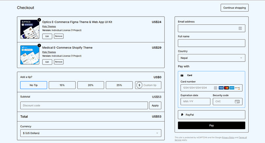 Theme catalog and checkout preview