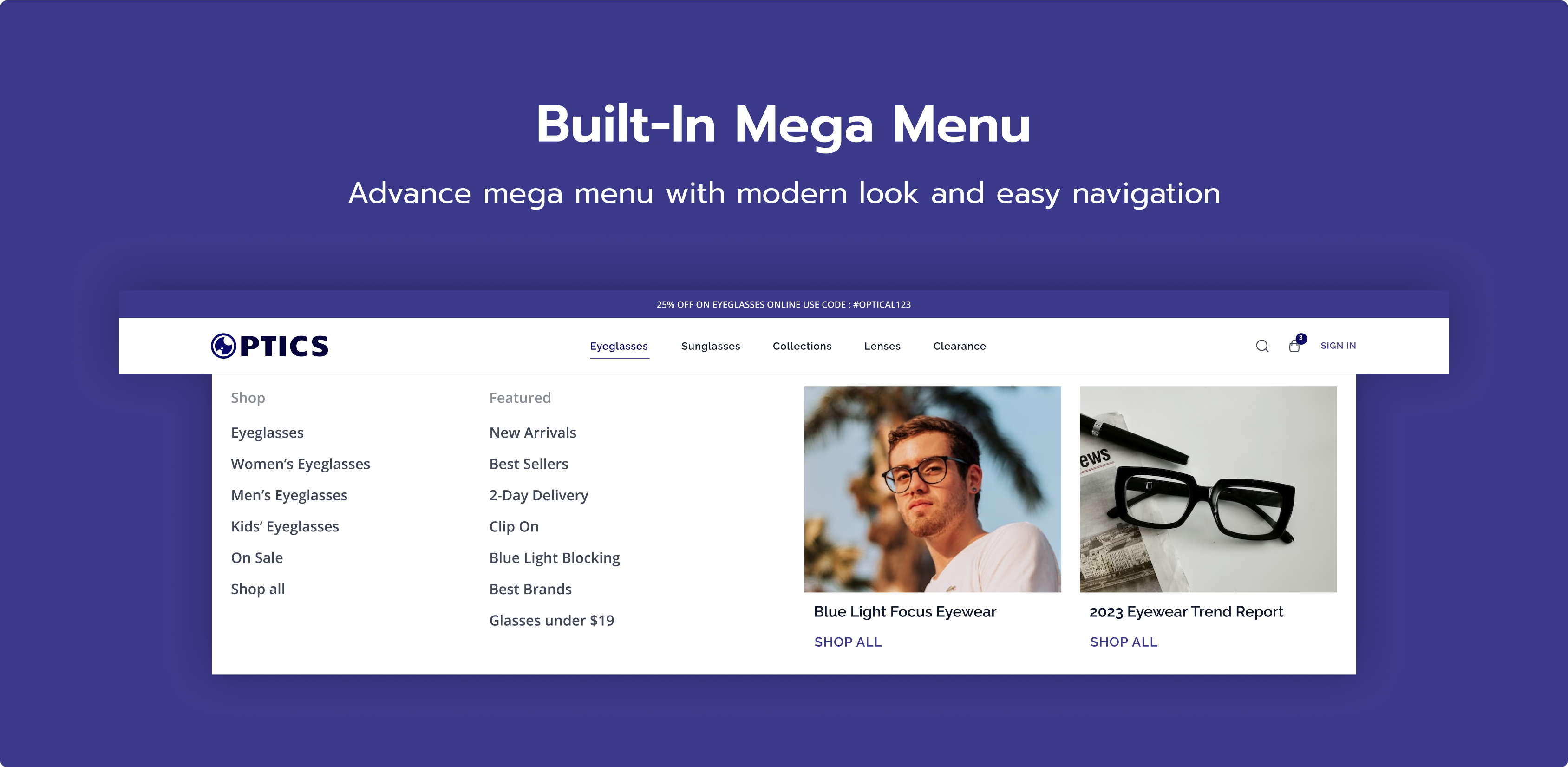 optics shopify e-commerce theme mega menu