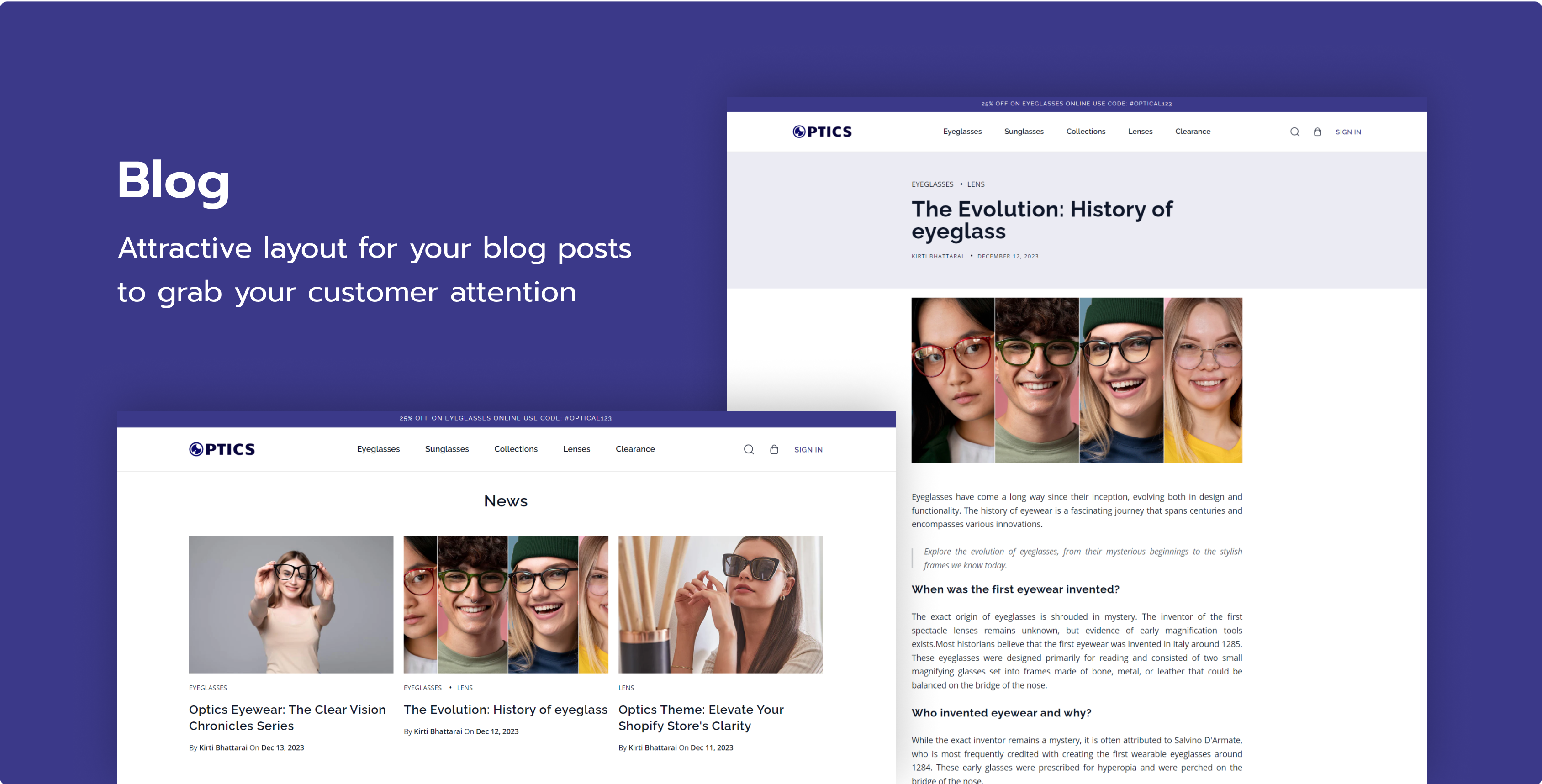 optics shopify e-commerce theme blog page